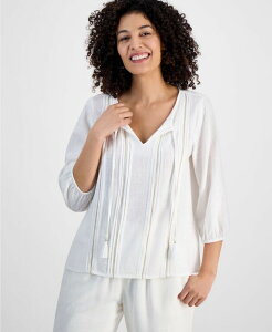 yz WFCGRNV fB[X Vc gbvX Petite Tie-Neck Embellished Pintuck-Trim Top Bright White