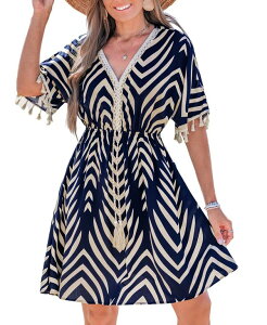 �J�b�v�V�[ ���f�B�[�X �g�b�v�X �����s�[�X �~�j CUPSHE Women's Tropic Oasis Abstract Mini Beach Dress Dark blue �u���[