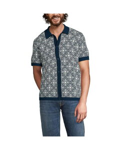 YGh Y gbvX |Vc {^_E Z[^[ _E Lands' End Men's Short Sleeve Tile Jacquard Button Down Sweater Polo Radiant navy/vanilla tile lCr[