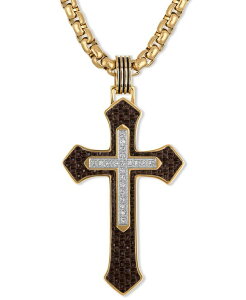 GXN@CA Y ANZT[ lbNXE`[J[Ey_ggbv TVc [X Esquire Men's Jewelry Diamond & Brown Carbon Fiber Cross Pendant Necklace (1/10 ct. t.w.)-Tone Ion-Plated Stainless Steel 22 G
