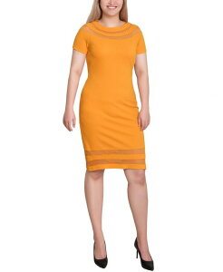 j[[NRNV fB[X gbvX s[X v` bV NY Collection Petite Short Sleeve Dress with Mesh Insets Mustard }X^[h