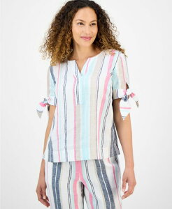 `[^[Nu fB[X gbvX Vc v`  l Charter Club Petite Linen Striped Tie-Cuff Short-Sleeve Top Bright White zCg