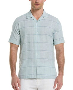 yz L[ox Y Vc gbvX Men's Classic-Fit Dobby Windowpane-Print Linen Blend Button-Down Camp Shirt Blue Surf