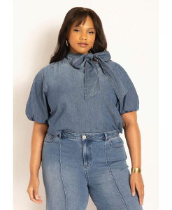 �G���N�C ���f�B�[�X �g�b�v�X �V���c ELOQUII Women's Puff Sleeve Chambray Tie Neck Top Medium wash