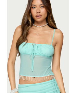 �A�f�B�N�e�b�h ���f�B�[�X �g�b�v�X �V���c ���b�V�� �V�A�[ �t�����W Edikted Women's Enya Fringed Sheer Mesh Top Turquoise �^�[�R�C�Y