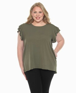 �z���C�g�}�[�N ���f�B�[�X �g�b�v�X �V���c �v���X�T�C�Y �t���� White Mark Plus Size Ruffled Sleeve Solid Top Olive �I���[�u