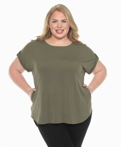 �z���C�g�}�[�N ���f�B�[�X �g�b�v�X �V���c �v���X�T�C�Y White Mark Plus Size Folded Short Sleeve Solid Top Olive �I���[�u