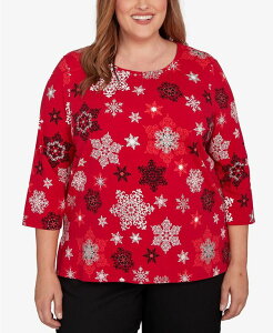 �A���t���b�h �_�i�[ ���f�B�[�X �g�b�v�X �V���c �v���X�T�C�Y �v���[�c Alfred Dunner Plus Size Classic Embellished Snowflake Pleated Neck Top Red ���b�h