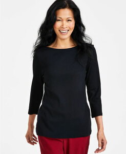 �X�^�C���A���h�R�[ ���f�B�[�X �g�b�v�X �V���c �R�b�g�� Style & Co Women's Pima Cotton 3/4-Sleeve Boat-Neck Top PP-4X Deep Black �u���b�N