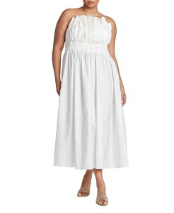 �G���N�C ���f�B�[�X �g�b�v�X �����s�[�X �~�f�B�����s�[�X �v���[�c �t���� �~�f�B ELOQUII Women's Pleated Ruffle Neckline Midi Dress Neutral cream �N���[��