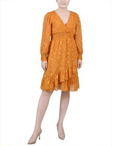 j[[NRNV fB[X gbvX s[X V[O NY Collection Women's Long Sleeve Smocked Waist Dress Mustard Multi Dot }X^[h