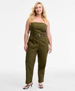 o[X[ fB[X {gX JWApc vXTCY XgbvX WvX[c Bar III Trendy Plus Size Strapless Belted Utility Jumpsuit Olive I[u