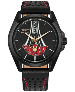 yz V`Y fB[X rv ANZT[ Eco-Drive Men's Marvel Tony Stark Kinda Sorta Famous Black Leather Strap Watch 43mm Black