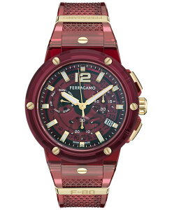 �t�F���K�� �����Y �A�N�Z�T���[ �r���v Ferragamo Men's Swiss Chronograph F-80 Translucent Burgundy Polyurethane Strap Watch 44mm Burgundy �o�[�K���f�B