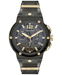 �t�F���K�� �����Y �A�N�Z�T���[ �r���v Ferragamo Men's Swiss Chronograph F-80 Translucent Black Polyurethane Strap Watch 44mm Black �u���b�N