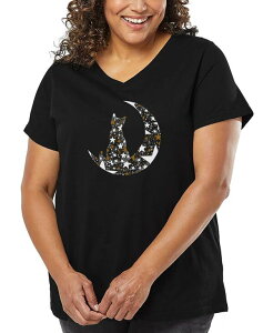 GG[|bvA[g fB[X gbvX TVc Vc Black LA Pop Art Plus Size Cat Sitting On Moon Word Art V-Neck T-Shirt