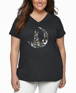 �G���G�[�|�b�v�A�[�g ���f�B�[�X �g�b�v�X T�V���c V�l�b�N �v���X�T�C�Y �V���c LA Pop Art Plus Size Cat Sitting On Moon Word Art V-Neck T-Shirt Grey �O���[