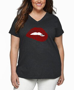 �G���G�[�|�b�v�A�[�g ���f�B�[�X �g�b�v�X T�V���c V�l�b�N �v���X�T�C�Y �V���c LA Pop Art Plus Size Brooklyn Lips Word Art V-Neck T-Shirt Grey �O���[