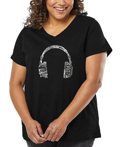 �G���G�[�|�b�v�A�[�g ���f�B�[�X �g�b�v�X T�V���c V�l�b�N �v���X�T�C�Y �V���c LA Pop Art Plus Size HEADPHONES Word Art V-Neck T-Shirt Black �u���b�N