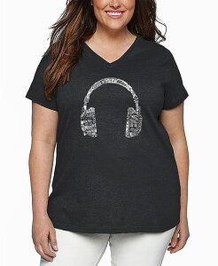 �G���G�[�|�b�v�A�[�g ���f�B�[�X �g�b�v�X T�V���c V�l�b�N �v���X�T�C�Y �V���c LA Pop Art Plus Size HEADPHONES Word Art V-Neck T-Shirt Grey �O���[