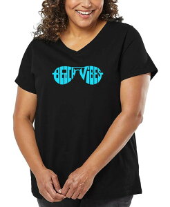 �G���G�[�|�b�v�A�[�g ���f�B�[�X �g�b�v�X T�V���c V�l�b�N �v���X�T�C�Y �V���c LA Pop Art Plus Size Beach Vibes Word Art V-Neck T-Shirt Black �u���b�N