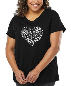 �G���G�[�|�b�v�A�[�g ���f�B�[�X �g�b�v�X T�V���c V�l�b�N �v���X�T�C�Y �V���c LA Pop Art Plus Size Heart Notes Word Art V-Neck T-Shirt Black �u���b�N