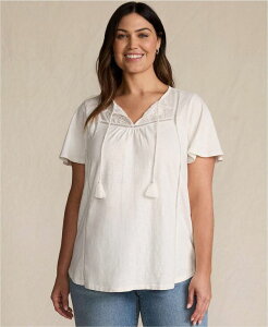 �����Y�G���h ���f�B�[�X �g�b�v�X �V���c ���[�X�g���� �v���X�T�C�Y ���[�X Lands' End Women's Plus Size Slub Flutter Sleeve Lace Trim Notch Neck Tunic Top Ivory �A�C�{���[