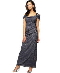 �A���b�N�X�C�u�j���O�X ���f�B�[�X �g�b�v�X �����s�[�X �h���[�v �g�[�� Alex Evenings Alex s Cold-Shoulder Draped Metallic Gown 4P-18 Smoke �X���[�N