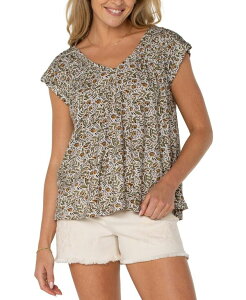 @v[ T[X fB[X gbvX Vc VlbN vg MU[ Liverpool Los Angeles Women's Printed Ruched-Shoulder V-Neck Top PXS-3X Olive Leaf I[u