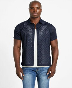 �Q�X �����Y �g�b�v�X �V���c GUESS Men's Reeves Woven Short Sleeve Button-Up Shirt Smart Blue �u���[