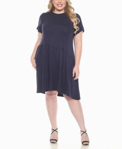 �z���C�g�}�[�N ���f�B�[�X �g�b�v�X �����s�[�X �A�V�����g���[ �v���X�T�C�Y White Mark Plus Size Asymmetrical Waist and Short Sleeve Swing Dress Navy �l�C�r�[