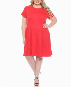 �z���C�g�}�[�N ���f�B�[�X �g�b�v�X �����s�[�X �A�V�����g���[ �v���X�T�C�Y White Mark Plus Size Asymmetrical Waist and Short Sleeve Swing Dress Red ���b�h