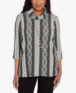 �A���t���b�h �_�i�[ ���f�B�[�X �g�b�v�X �V���c �v�` ���[�X �j�b�g Alfred Dunner Petite Jet Setter Cable Jacquard Knit Top with Necklace Black/White �z���C�g
