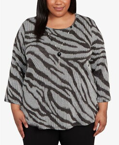 �A���t���b�h �_�i�[ ���f�B�[�X �g�b�v�X �V���c �v���X�T�C�Y ���[�X Alfred Dunner Plus Size Jet Setter Animal Houndstooth Top with Necklace Black �u���b�N