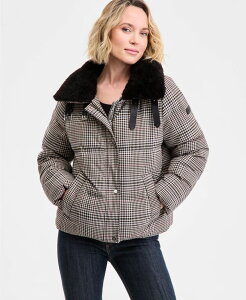 �_�i �L������ �j���[���[�N ���f�B�[�X �A�E�^�[ �W���P�b�g�E�u���]�� �R�[�g DKNY Women's Faux-Fur-Collar Zip-Front Puffer Coat Heritage Plaid �`�F�b�N