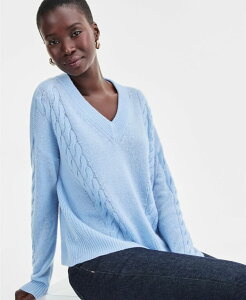 `[^[Nu fB[X AE^[ jbgEZ[^[ VlbN Z[^[ [X jbg Charter Club Women's 100% Cashmere Placed Cable-Knit V-Neck Sweater PXS-XXL Soft Blue u[