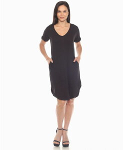�z���C�g�}�[�N ���f�B�[�X �g�b�v�X �����s�[�X V�l�b�N White Mark Women's V-Neck Knee-Length Dress Black �u���b�N