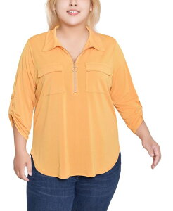 �j���[���[�N�R���N�V���� ���f�B�[�X �g�b�v�X �V���c �v���X�T�C�Y NY Collection Plus Size 3/4 Roll Tab Zip Front Top Golden Glow