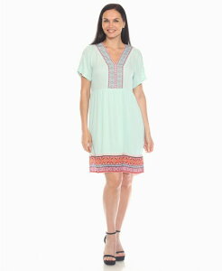 �z���C�g�}�[�N ���f�B�[�X �g�b�v�X �����s�[�X V�l�b�N �h�J White Mark Women's Short Sleeve Embroidered V-Neck Shift Dress Mint �~���g
