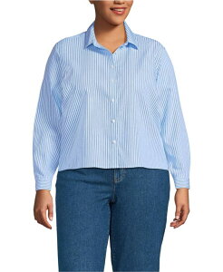 �����Y�G���h ���f�B�[�X �g�b�v�X �V���c �v���X�T�C�Y �N���b�v�h Lands' End Women's Plus Size No Iron Boxy Cropped Shirt Clear blue sky thin stripe �u���[