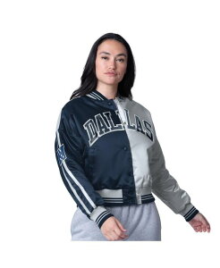 X^[^[ fB[X AE^[ WPbgEu] Te Nbvh WPbg Starter Women's Navy/Silver Dallas Cowboys Zone Blitz Cropped Full-Snap Satin Jacket Navy Silver lCr[