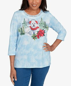 yz Atbh _i[ fB[X Vc gbvX Women's Classic Holiday Dog in Earmuffs Crew Neck Top Light Blue
