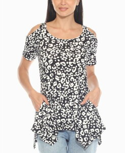 �z���C�g�}�[�N ���f�B�[�X �g�b�v�X �V���c �v�����g White Mark Women's Cold Shoulder Leopard Print Short Sleeve Top Black �u���b�N