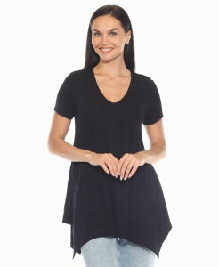�z���C�g�}�[�N ���f�B�[�X �g�b�v�X �V���c �j�b�g White Mark Women's Short Sleeve Shirred Front Knit Tunic Top Black �u���b�N