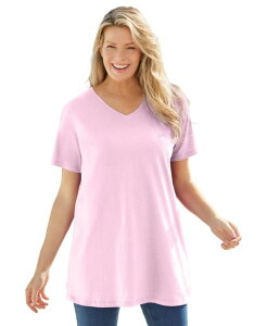 �E�[�}�� �E�B�Y�C�� ���f�B�[�X �g�b�v�X �V���c V�l�b�N ���� Woman Within Women's Within Perfect Short-Sleeve V-Neck Tunic Pink �s���N