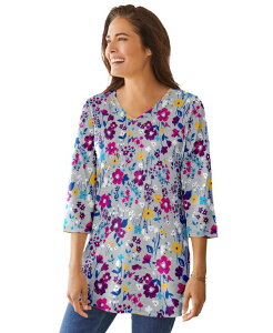 �E�[�}�� �E�B�Y�C�� ���f�B�[�X �g�b�v�X �V���c V�l�b�N �v���X�T�C�Y �v�����g Woman Within Plus Size Perfect Printed Three-Quarter-Sleeve V-Neck Tunic Heather grey field floral �O���[