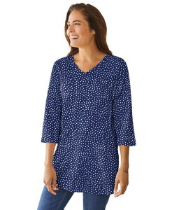 �E�[�}�� �E�B�Y�C�� ���f�B�[�X �g�b�v�X �V���c V�l�b�N �v���X�T�C�Y �v�����g Woman Within Plus Size Perfect Printed Three-Quarter-Sleeve V-Neck Tunic Navy offset dot �l�C�r�[