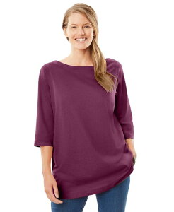 �E�[�}�� �E�B�Y�C�� ���f�B�[�X �g�b�v�X �V���c �v���X�T�C�Y T�V���c Woman Within Plus Size Within Perfect Three-Quarter Sleeve Boatneck Tee Deep claret