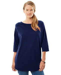 �E�[�}�� �E�B�Y�C�� ���f�B�[�X �g�b�v�X �V���c �v���X�T�C�Y T�V���c Woman Within Plus Size Within Perfect Three-Quarter Sleeve Boatneck Tee Navy �l�C�r�[