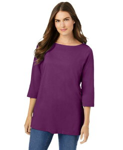 �E�[�}�� �E�B�Y�C�� ���f�B�[�X �g�b�v�X �V���c �v���X�T�C�Y T�V���c Woman Within Plus Size Within Perfect Three-Quarter Sleeve Boatneck Tee Plum purple �p�[�v��